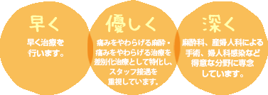 早く 早く的確な治療を行います。 優しく 無痛麻酔・無痛治療を差別化治療として特化し、スタッフ接遇を重視しています。 深く 麻酔科、産婦人科による手術、婦人科感染など得意な分野に専念しています。